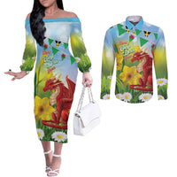 Wales Saint David's Day Couples Matching Off The Shoulder Long Sleeve Dress and Long Sleeve Button Shirt Dydd Gwyl Dewi Hapus Dragon Daffodil - Wonder Print Shop