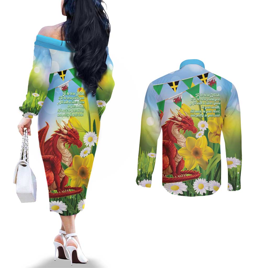 Wales Saint David's Day Couples Matching Off The Shoulder Long Sleeve Dress and Long Sleeve Button Shirt Dydd Gwyl Dewi Hapus Dragon Daffodil - Wonder Print Shop