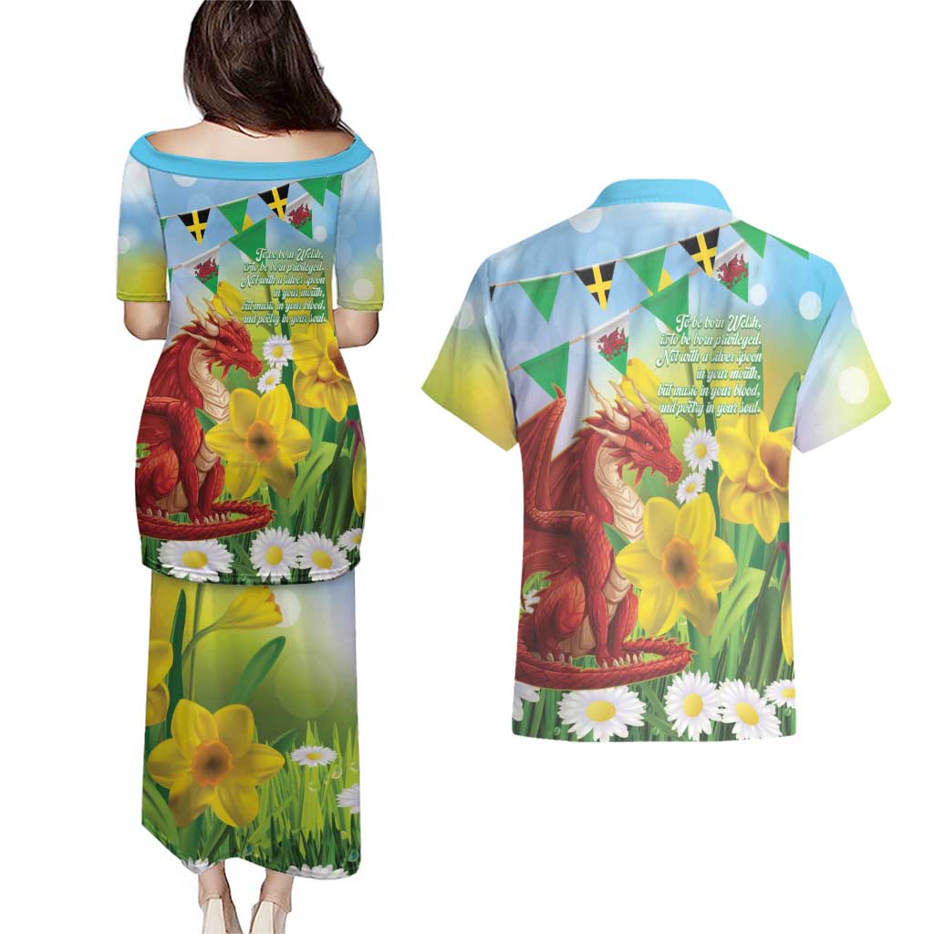 Wales Saint David's Day Couples Matching Puletasi and Hawaiian Shirt Dydd Gwyl Dewi Hapus Dragon Daffodil - Wonder Print Shop