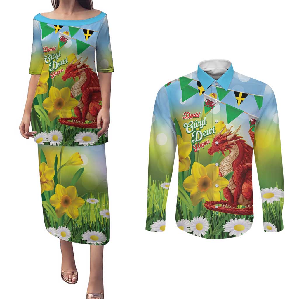 Wales Saint David's Day Couples Matching Puletasi and Long Sleeve Button Shirt Dydd Gwyl Dewi Hapus Dragon Daffodil - Wonder Print Shop