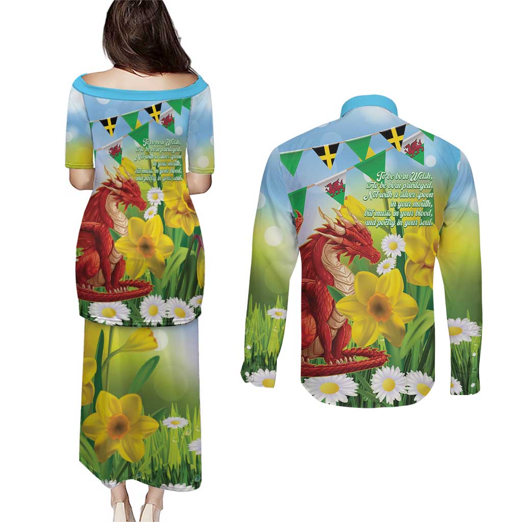 Wales Saint David's Day Couples Matching Puletasi and Long Sleeve Button Shirt Dydd Gwyl Dewi Hapus Dragon Daffodil - Wonder Print Shop