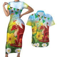 Wales Saint David's Day Couples Matching Short Sleeve Bodycon Dress and Hawaiian Shirt Dydd Gwyl Dewi Hapus Dragon Daffodil - Wonder Print Shop