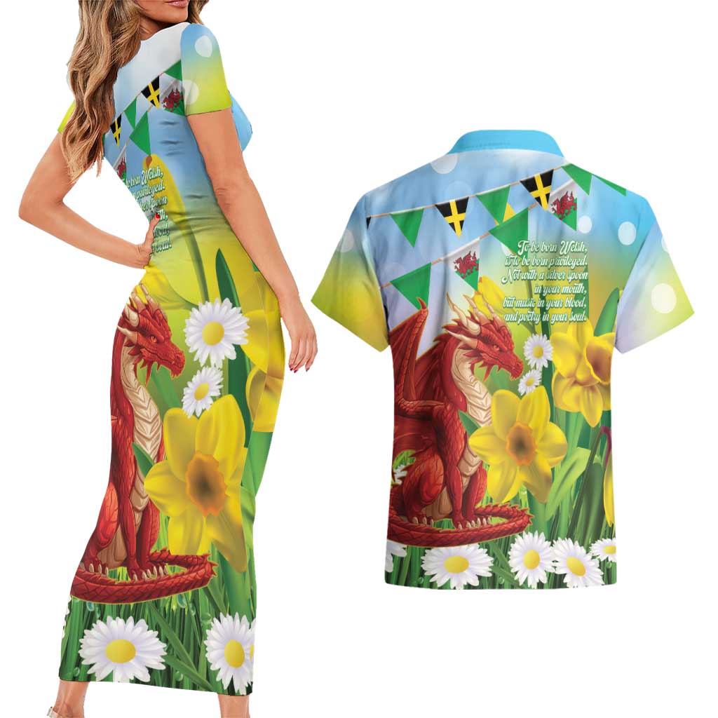 Wales Saint David's Day Couples Matching Short Sleeve Bodycon Dress and Hawaiian Shirt Dydd Gwyl Dewi Hapus Dragon Daffodil - Wonder Print Shop