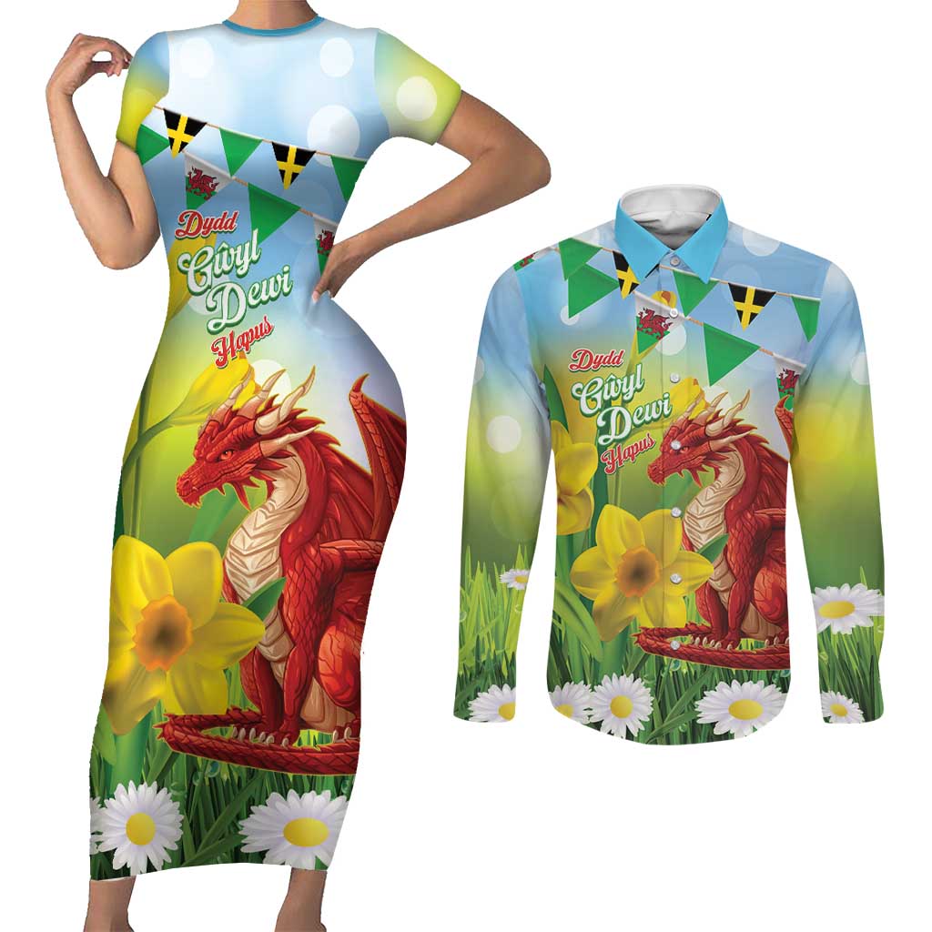Wales Saint David's Day Couples Matching Short Sleeve Bodycon Dress and Long Sleeve Button Shirt Dydd Gwyl Dewi Hapus Dragon Daffodil - Wonder Print Shop