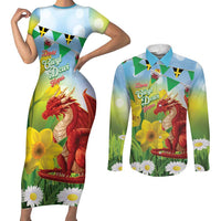 Wales Saint David's Day Couples Matching Short Sleeve Bodycon Dress and Long Sleeve Button Shirt Dydd Gwyl Dewi Hapus Dragon Daffodil - Wonder Print Shop