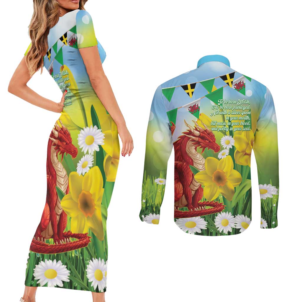 Wales Saint David's Day Couples Matching Short Sleeve Bodycon Dress and Long Sleeve Button Shirt Dydd Gwyl Dewi Hapus Dragon Daffodil - Wonder Print Shop