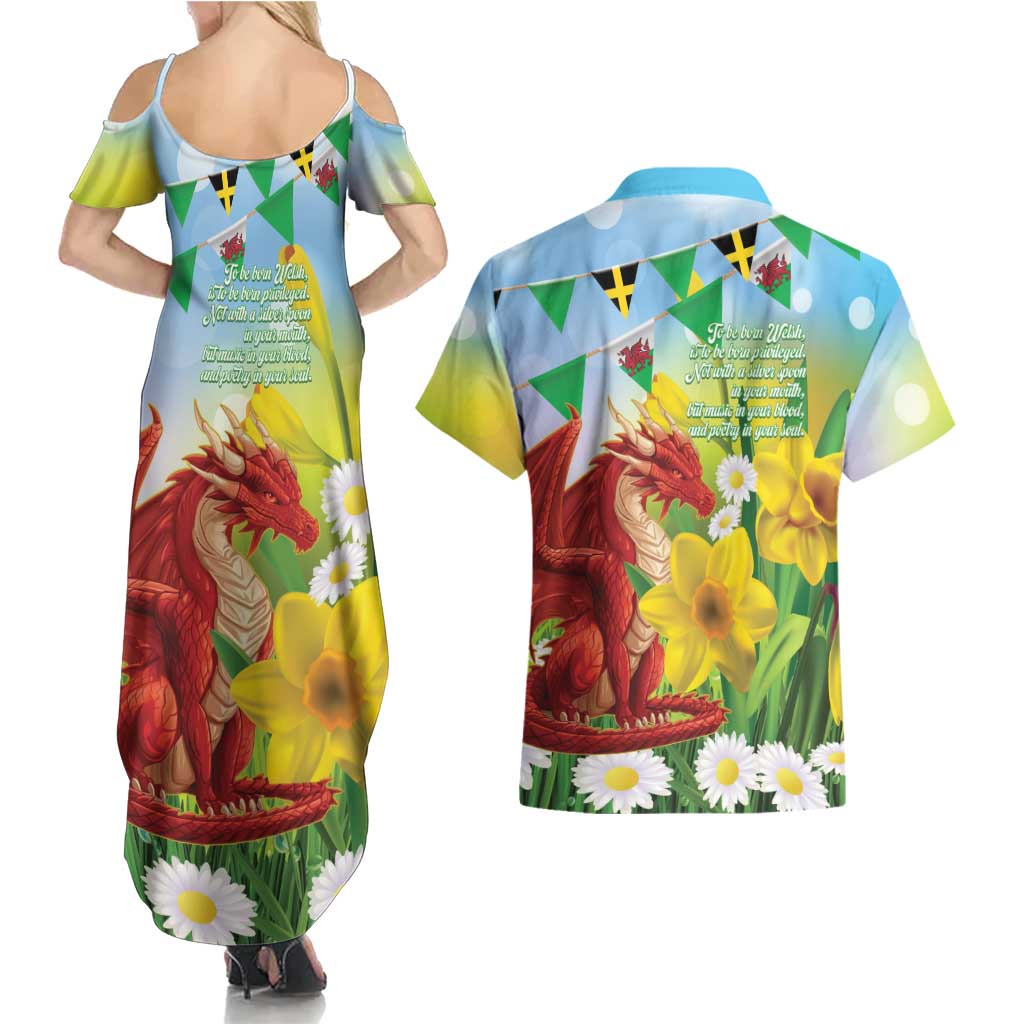 Wales Saint David's Day Couples Matching Summer Maxi Dress and Hawaiian Shirt Dydd Gwyl Dewi Hapus Dragon Daffodil - Wonder Print Shop