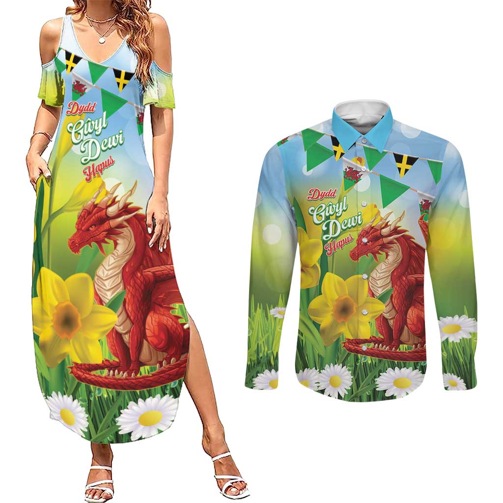 Wales Saint David's Day Couples Matching Summer Maxi Dress and Long Sleeve Button Shirt Dydd Gwyl Dewi Hapus Dragon Daffodil - Wonder Print Shop