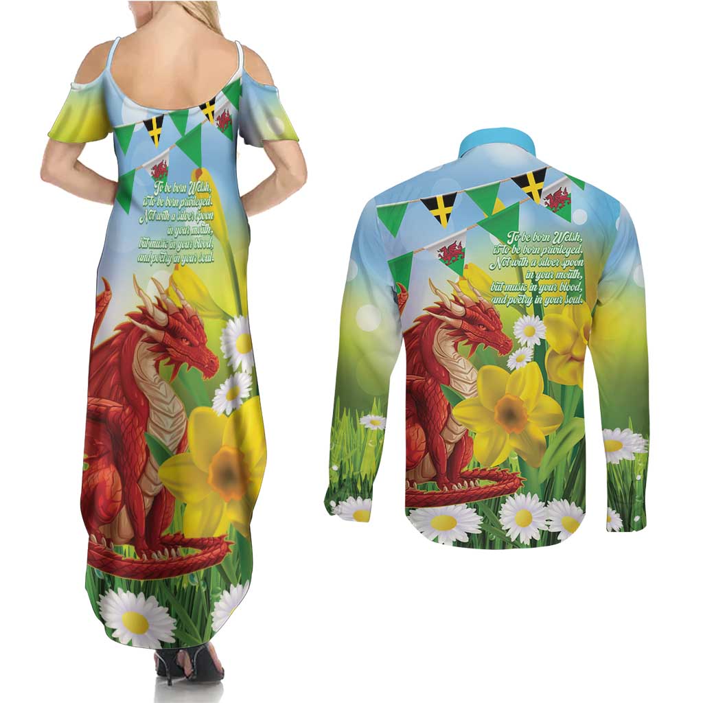 Wales Saint David's Day Couples Matching Summer Maxi Dress and Long Sleeve Button Shirt Dydd Gwyl Dewi Hapus Dragon Daffodil - Wonder Print Shop