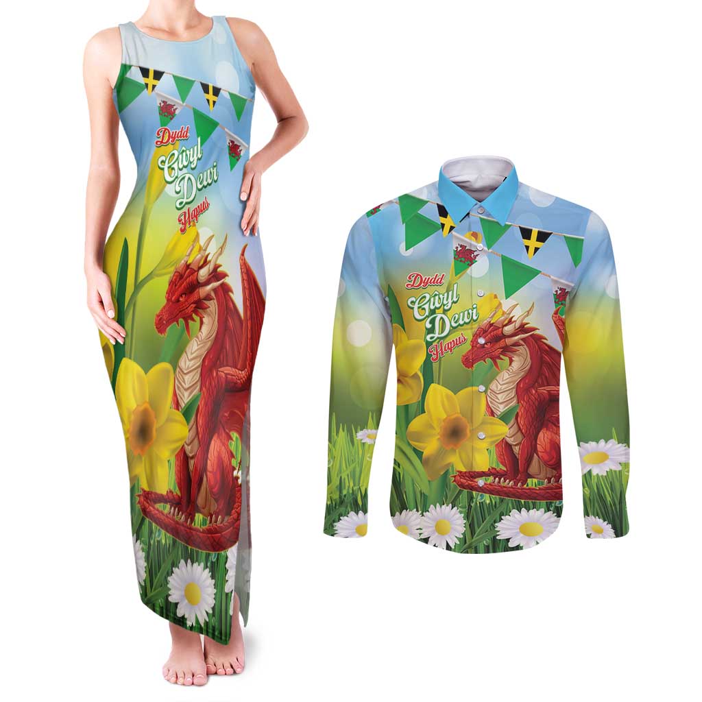 Wales Saint David's Day Couples Matching Tank Maxi Dress and Long Sleeve Button Shirt Dydd Gwyl Dewi Hapus Dragon Daffodil - Wonder Print Shop