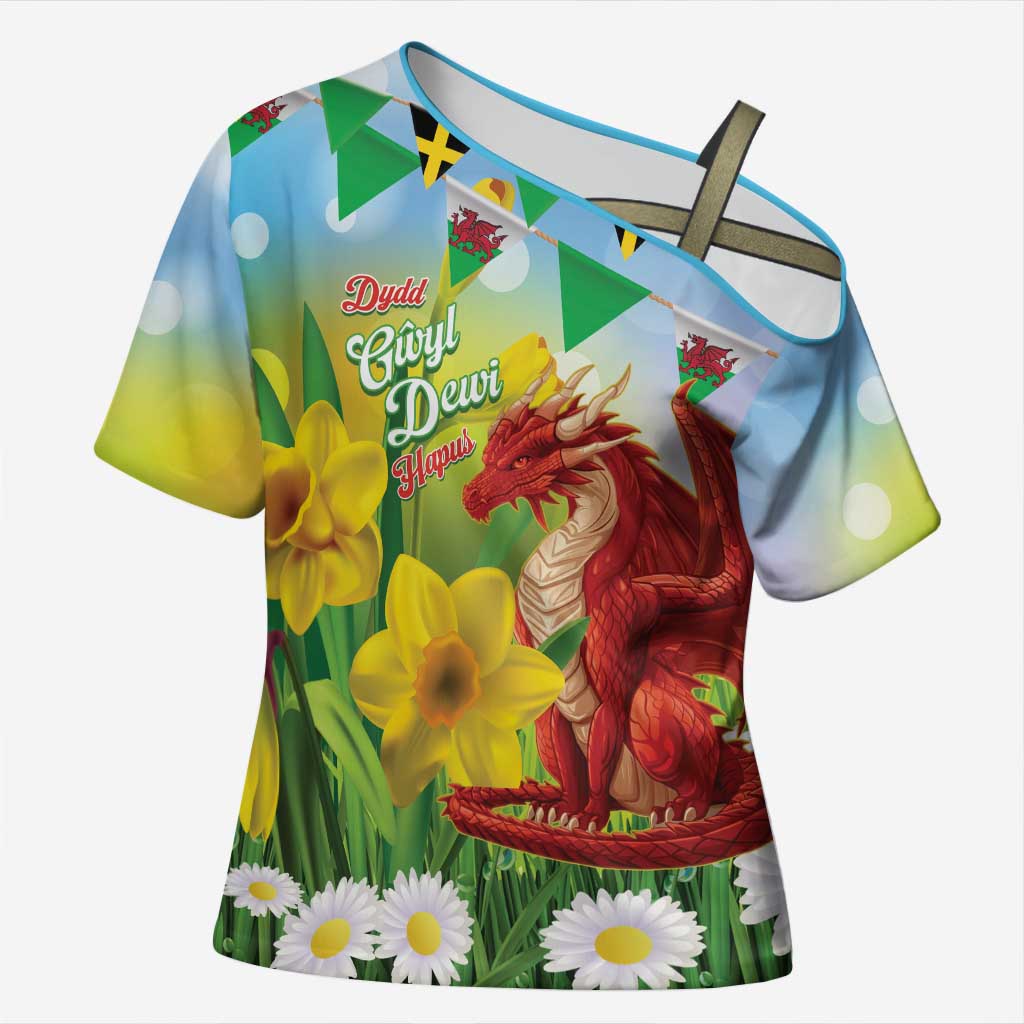 Wales Saint David's Day Cross Shoulder Shirt Dydd Gwyl Dewi Hapus Dragon Daffodil - Wonder Print Shop