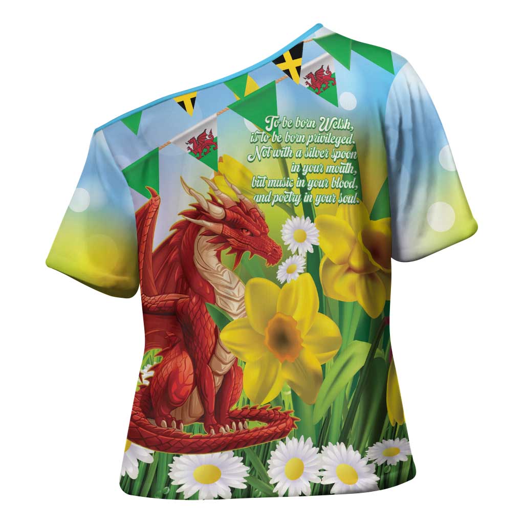 Wales Saint David's Day Cross Shoulder Shirt Dydd Gwyl Dewi Hapus Dragon Daffodil - Wonder Print Shop