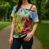 Wales Saint David's Day Cross Shoulder Shirt Dydd Gwyl Dewi Hapus Dragon Daffodil - Wonder Print Shop