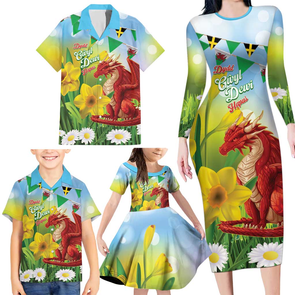 Wales Saint David's Day Family Matching Long Sleeve Bodycon Dress and Hawaiian Shirt Dydd Gwyl Dewi Hapus Dragon Daffodil - Wonder Print Shop