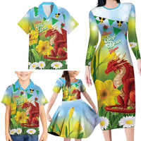 Wales Saint David's Day Family Matching Long Sleeve Bodycon Dress and Hawaiian Shirt Dydd Gwyl Dewi Hapus Dragon Daffodil - Wonder Print Shop
