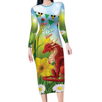 Wales Saint David's Day Family Matching Long Sleeve Bodycon Dress and Hawaiian Shirt Dydd Gwyl Dewi Hapus Dragon Daffodil - Wonder Print Shop