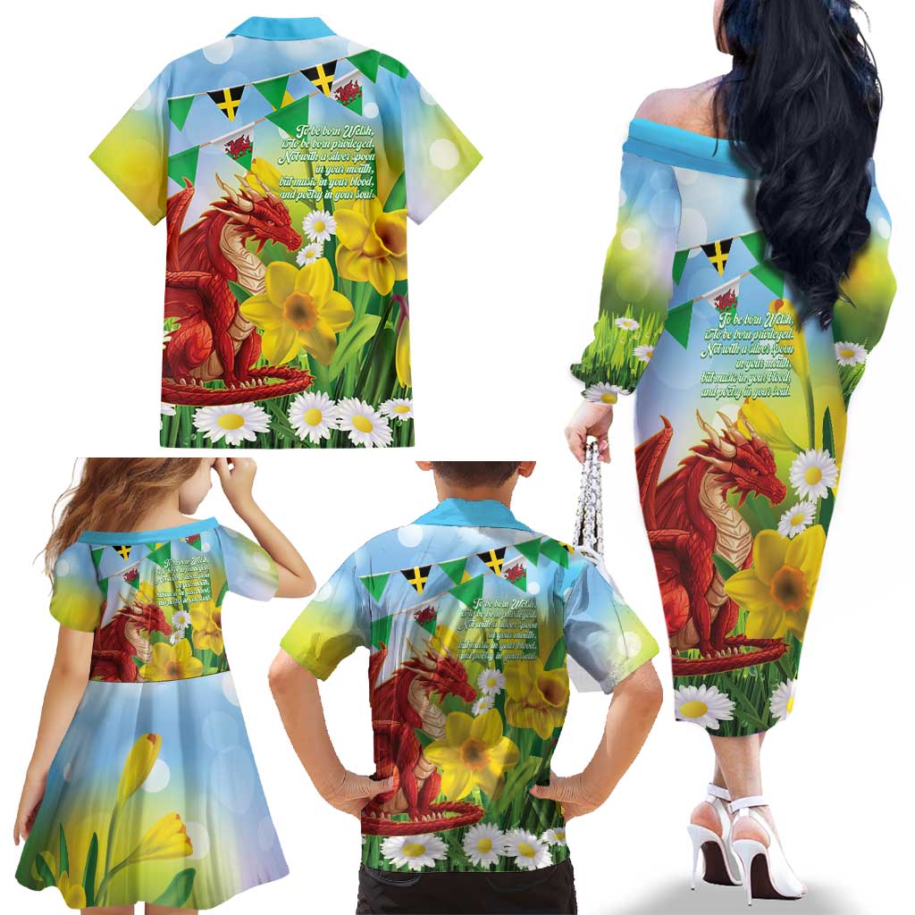 Wales Saint David's Day Family Matching Off The Shoulder Long Sleeve Dress and Hawaiian Shirt Dydd Gwyl Dewi Hapus Dragon Daffodil - Wonder Print Shop