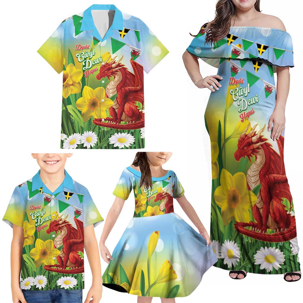 Wales Saint David's Day Family Matching Off Shoulder Maxi Dress and Hawaiian Shirt Dydd Gwyl Dewi Hapus Dragon Daffodil - Wonder Print Shop