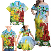 Wales Saint David's Day Family Matching Off Shoulder Maxi Dress and Hawaiian Shirt Dydd Gwyl Dewi Hapus Dragon Daffodil - Wonder Print Shop
