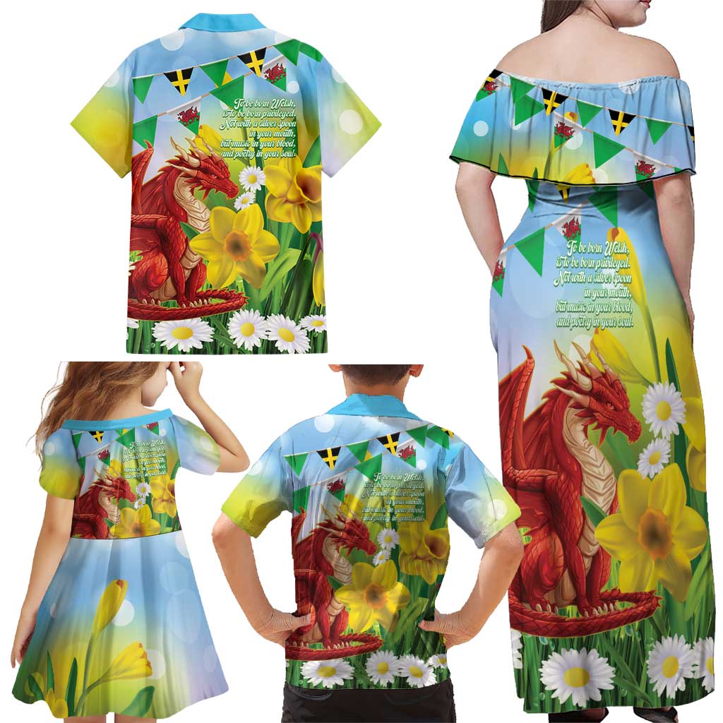 Wales Saint David's Day Family Matching Off Shoulder Maxi Dress and Hawaiian Shirt Dydd Gwyl Dewi Hapus Dragon Daffodil - Wonder Print Shop