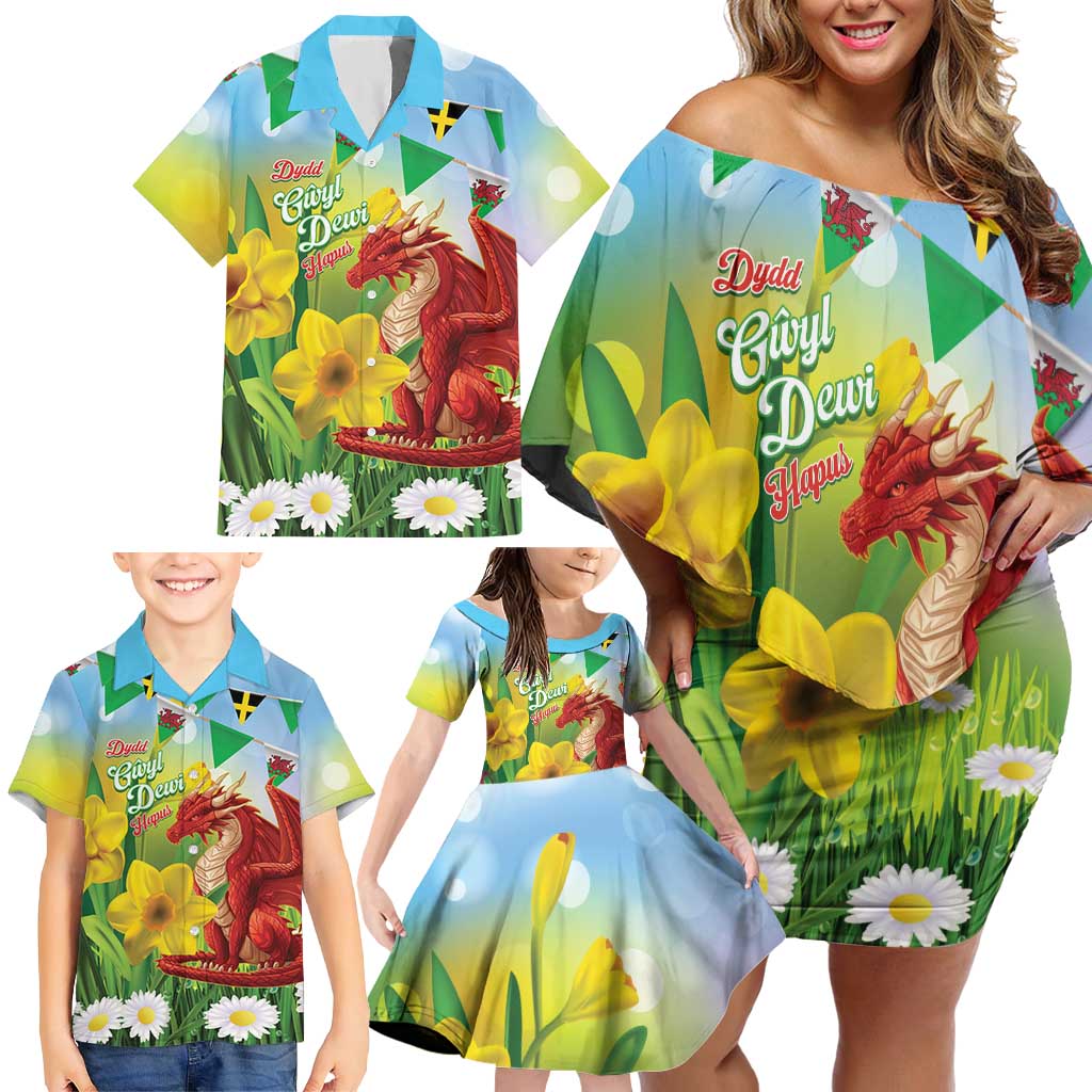 Wales Saint David's Day Family Matching Off Shoulder Short Dress and Hawaiian Shirt Dydd Gwyl Dewi Hapus Dragon Daffodil - Wonder Print Shop