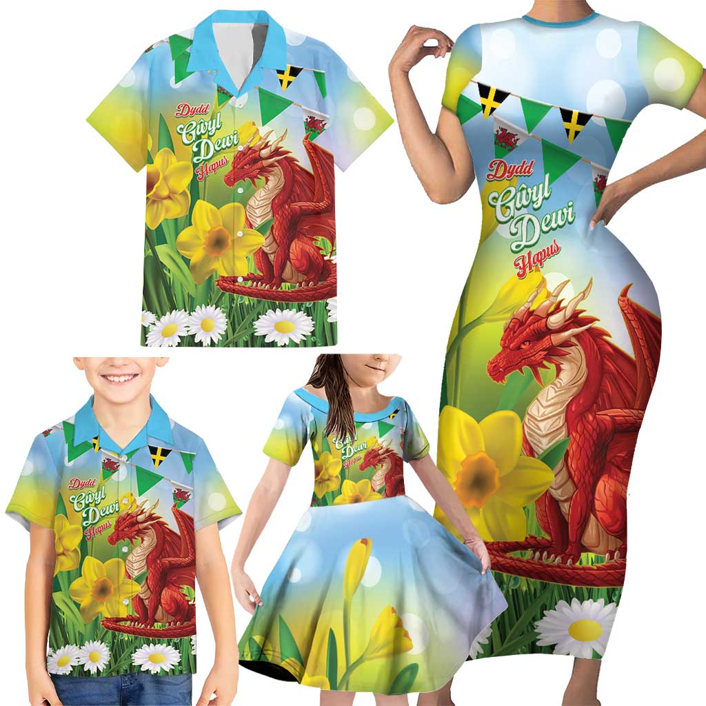Wales Saint David's Day Family Matching Short Sleeve Bodycon Dress and Hawaiian Shirt Dydd Gwyl Dewi Hapus Dragon Daffodil - Wonder Print Shop
