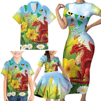 Wales Saint David's Day Family Matching Short Sleeve Bodycon Dress and Hawaiian Shirt Dydd Gwyl Dewi Hapus Dragon Daffodil - Wonder Print Shop