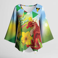 Wales Saint David's Day Kimono Sleeve Blouse Dydd Gwyl Dewi Hapus Dragon Daffodil - Wonder Print Shop