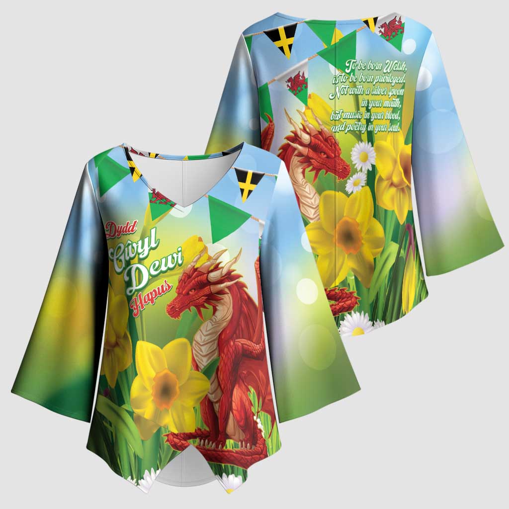 Wales Saint David's Day Kimono Sleeve Blouse Dydd Gwyl Dewi Hapus Dragon Daffodil - Wonder Print Shop