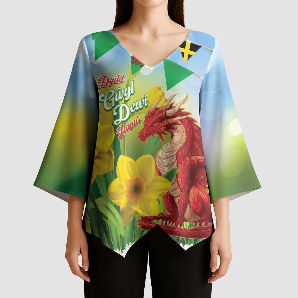 Wales Saint David's Day Kimono Sleeve Blouse Dydd Gwyl Dewi Hapus Dragon Daffodil - Wonder Print Shop