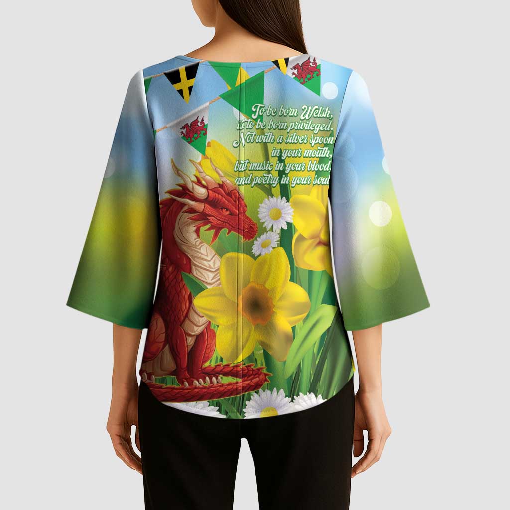 Wales Saint David's Day Kimono Sleeve Blouse Dydd Gwyl Dewi Hapus Dragon Daffodil - Wonder Print Shop