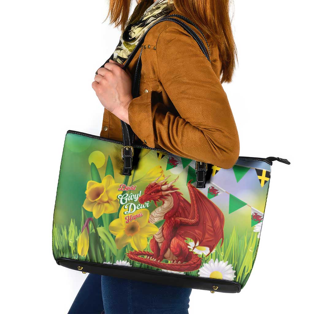 Wales Saint David's Day Leather Tote Bag Dydd Gwyl Dewi Hapus Dragon Daffodil - Wonder Print Shop