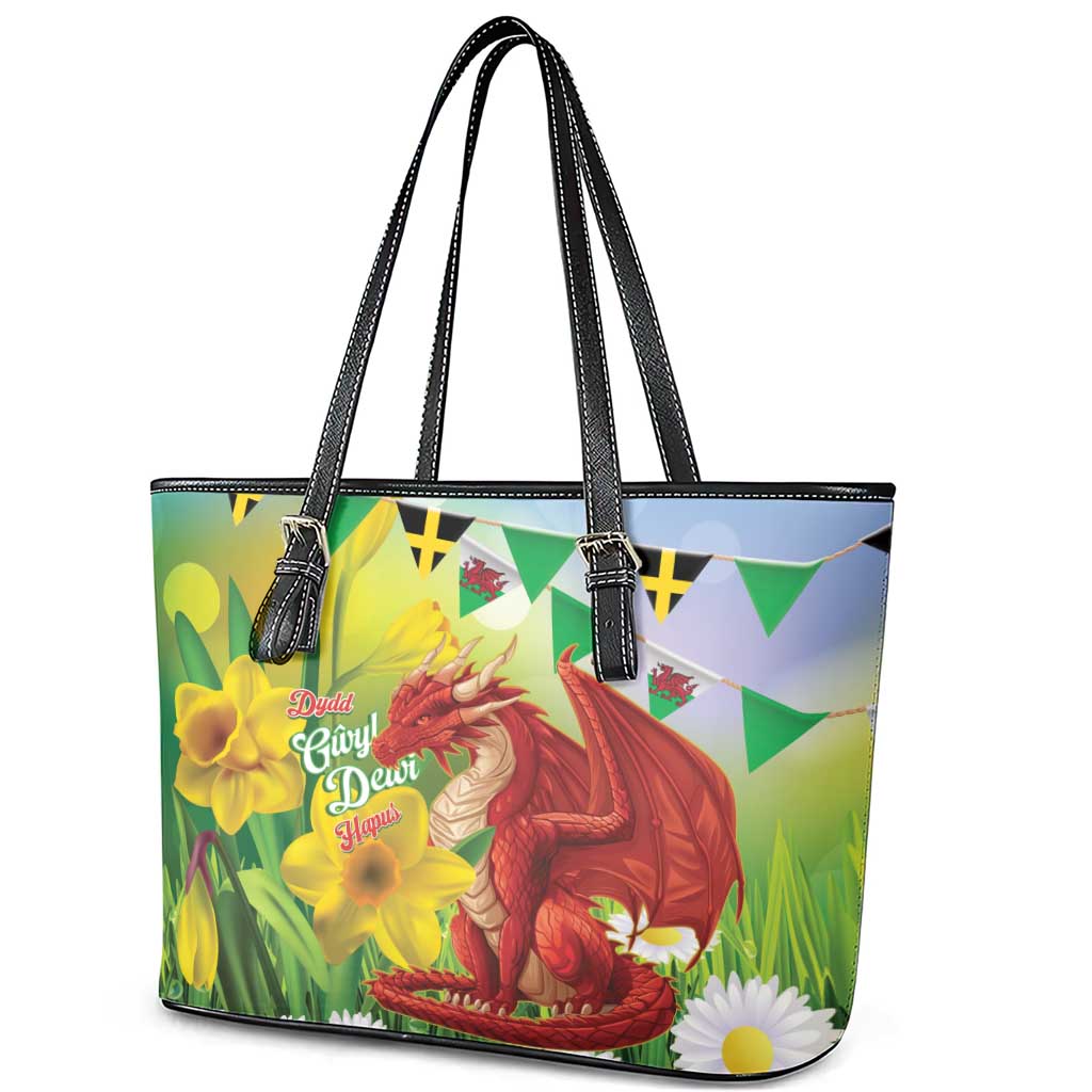 Wales Saint David's Day Leather Tote Bag Dydd Gwyl Dewi Hapus Dragon Daffodil - Wonder Print Shop