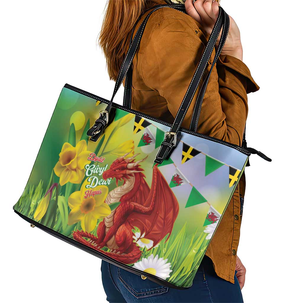 Wales Saint David's Day Leather Tote Bag Dydd Gwyl Dewi Hapus Dragon Daffodil - Wonder Print Shop