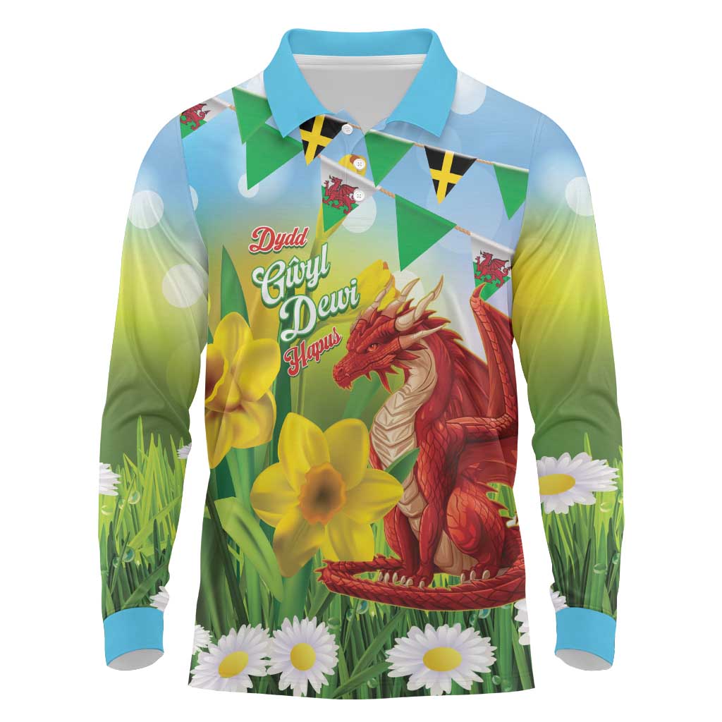 Wales Saint David's Day Long Sleeve Polo Shirt Dydd Gwyl Dewi Hapus Dragon Daffodil - Wonder Print Shop
