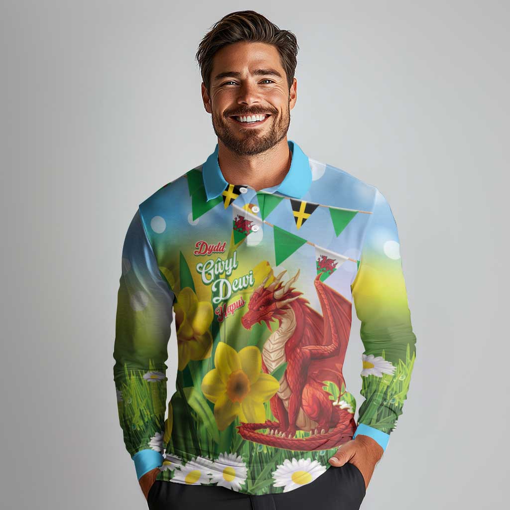 Wales Saint David's Day Long Sleeve Polo Shirt Dydd Gwyl Dewi Hapus Dragon Daffodil - Wonder Print Shop