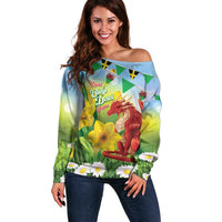 Wales Saint David's Day Off Shoulder Sweater Dydd Gwyl Dewi Hapus Dragon Daffodil - Wonder Print Shop