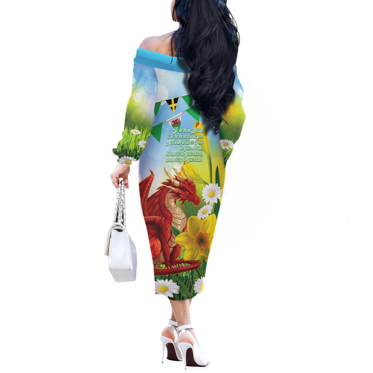 Wales Saint David's Day Off The Shoulder Long Sleeve Dress Dydd Gwyl Dewi Hapus Dragon Daffodil - Wonder Print Shop