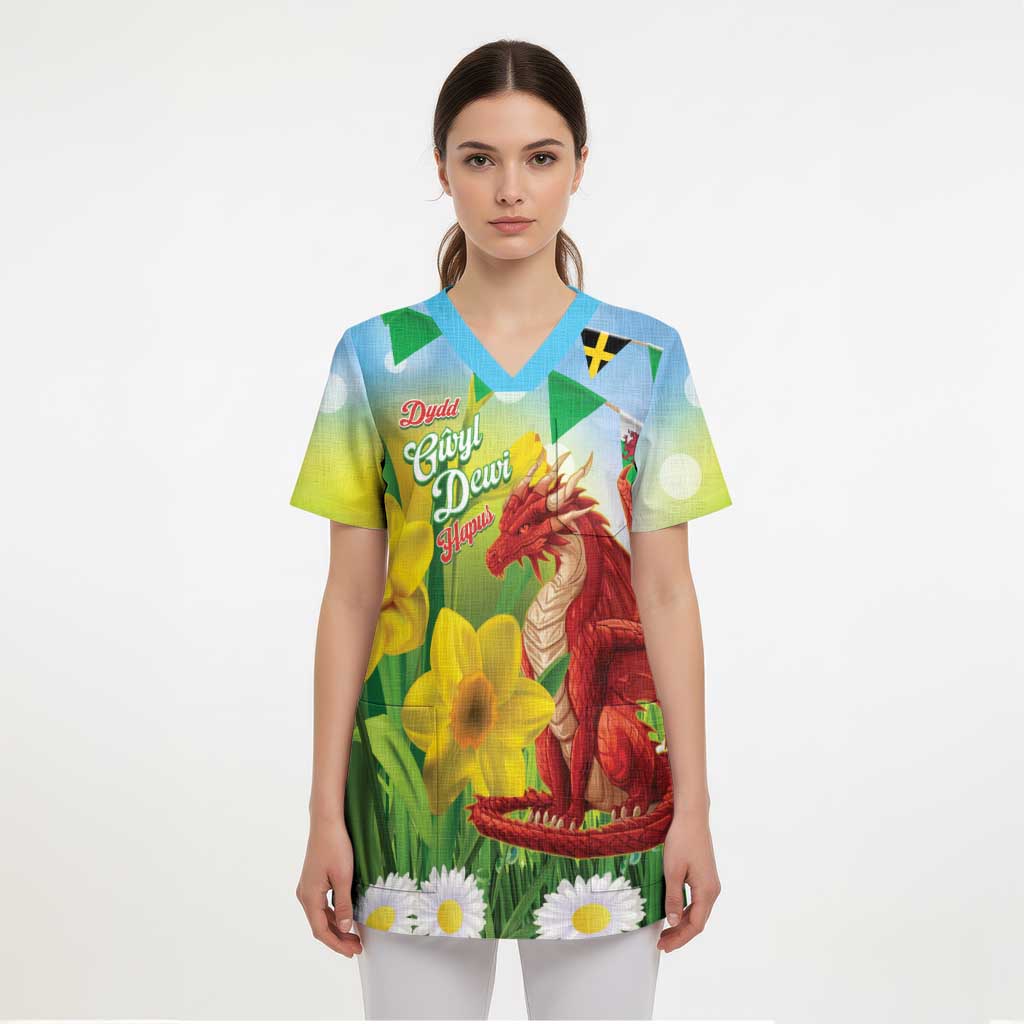 Wales Saint David's Day Scrub Top Dydd Gwyl Dewi Hapus Dragon Daffodil - Wonder Print Shop