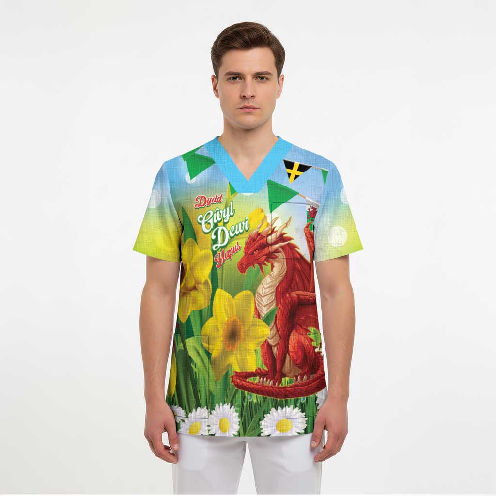 Wales Saint David's Day Scrub Top Dydd Gwyl Dewi Hapus Dragon Daffodil - Wonder Print Shop