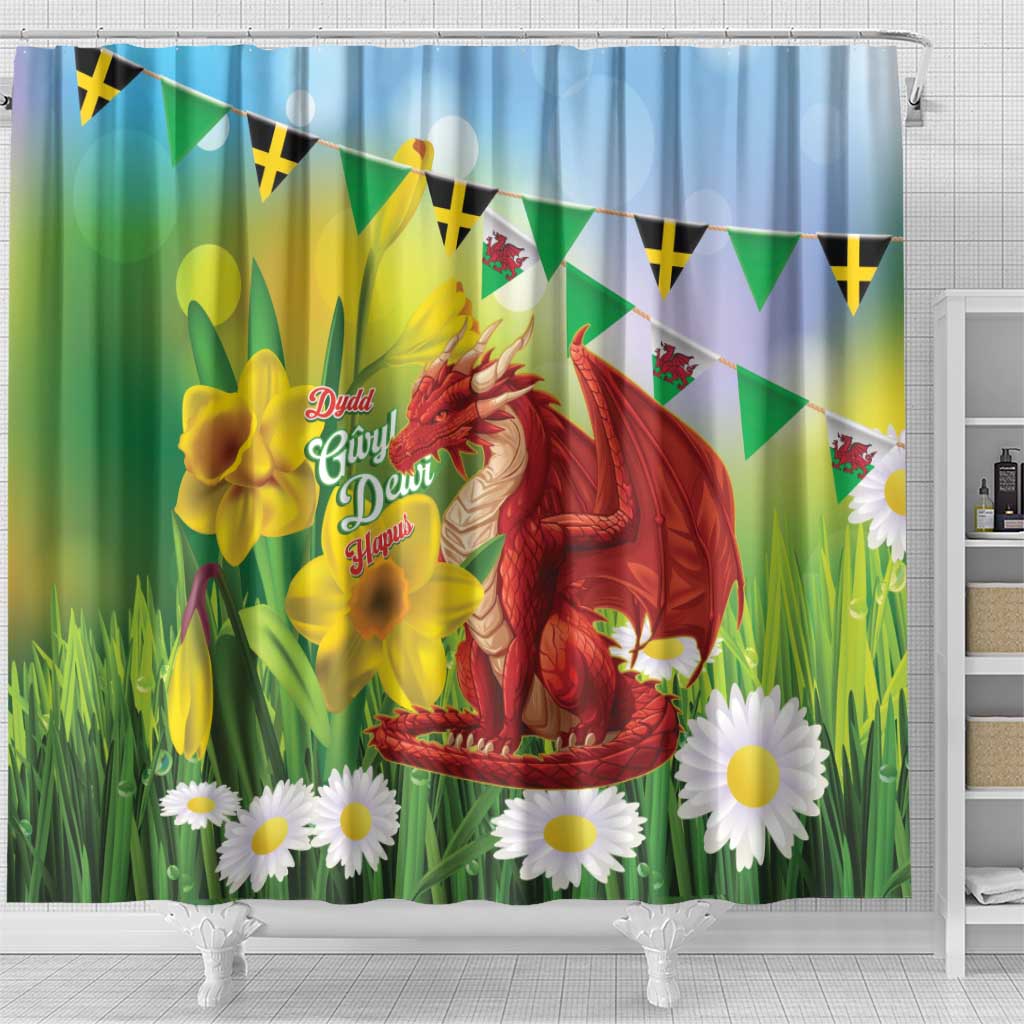 Wales Saint David's Day Shower Curtain Dydd Gwyl Dewi Hapus Dragon Daffodil - Wonder Print Shop
