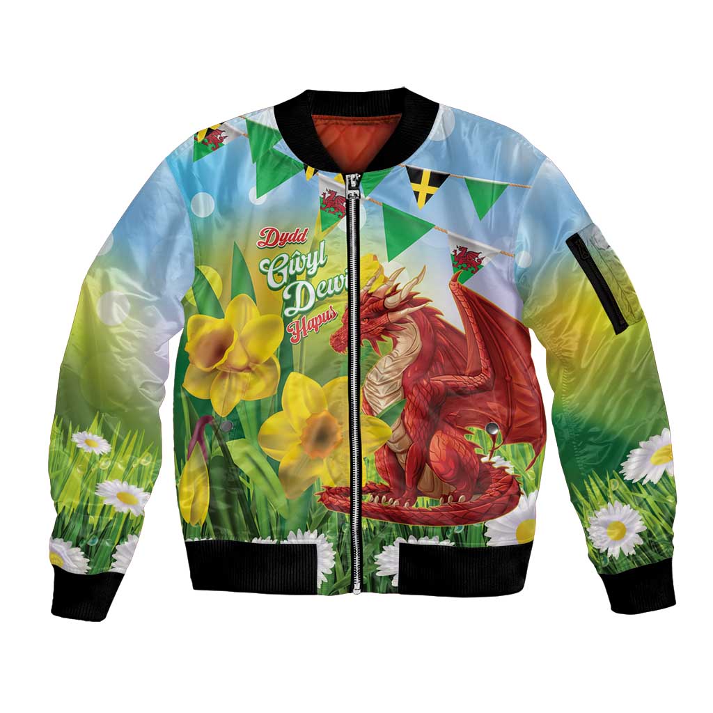 Wales Saint David's Day Sleeve Zip Bomber Jacket Dydd Gwyl Dewi Hapus Dragon Daffodil - Wonder Print Shop