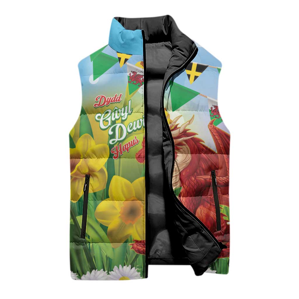Wales Saint David's Day Sleeveless Puffer Jacket Dydd Gwyl Dewi Hapus Dragon Daffodil - Wonder Print Shop