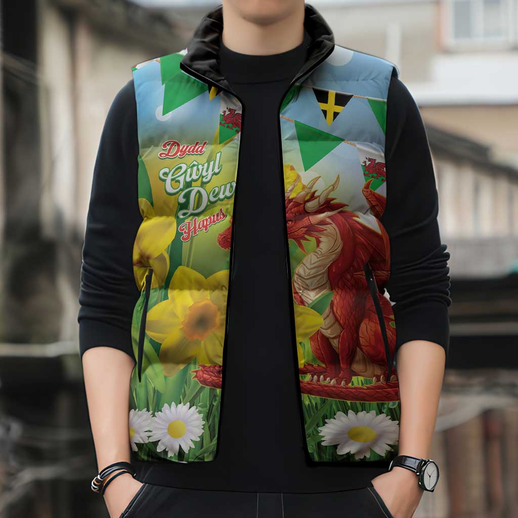 Wales Saint David's Day Sleeveless Puffer Jacket Dydd Gwyl Dewi Hapus Dragon Daffodil - Wonder Print Shop