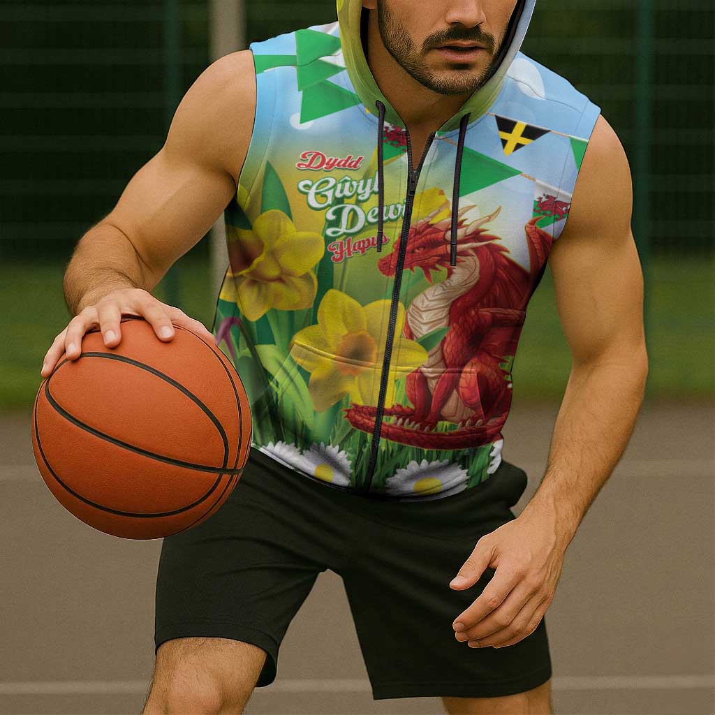 Wales Saint David's Day Sleeveless Zip Hoodie Dydd Gwyl Dewi Hapus Dragon Daffodil - Wonder Print Shop