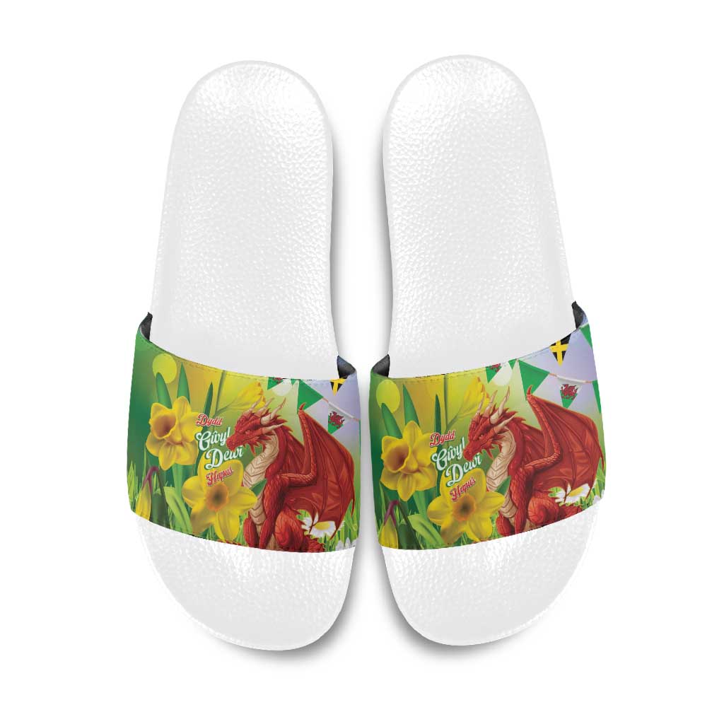Wales Saint David's Day Slide Sandals Dydd Gwyl Dewi Hapus Dragon Daffodil - Wonder Print Shop