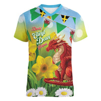 Wales Saint David's Day Women V-Neck T-Shirt Dydd Gwyl Dewi Hapus Dragon Daffodil - Wonder Print Shop