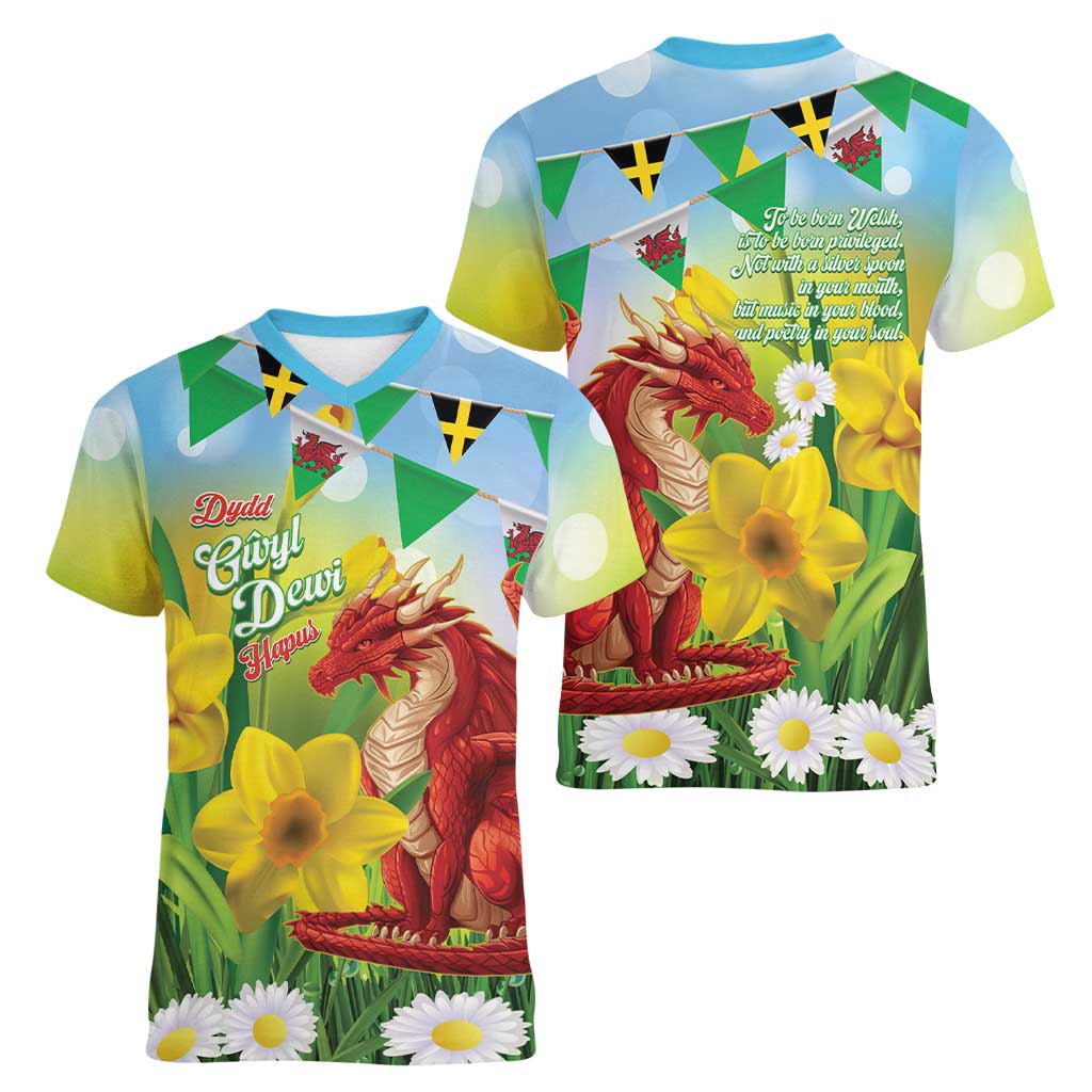 Wales Saint David's Day Women V-Neck T-Shirt Dydd Gwyl Dewi Hapus Dragon Daffodil - Wonder Print Shop