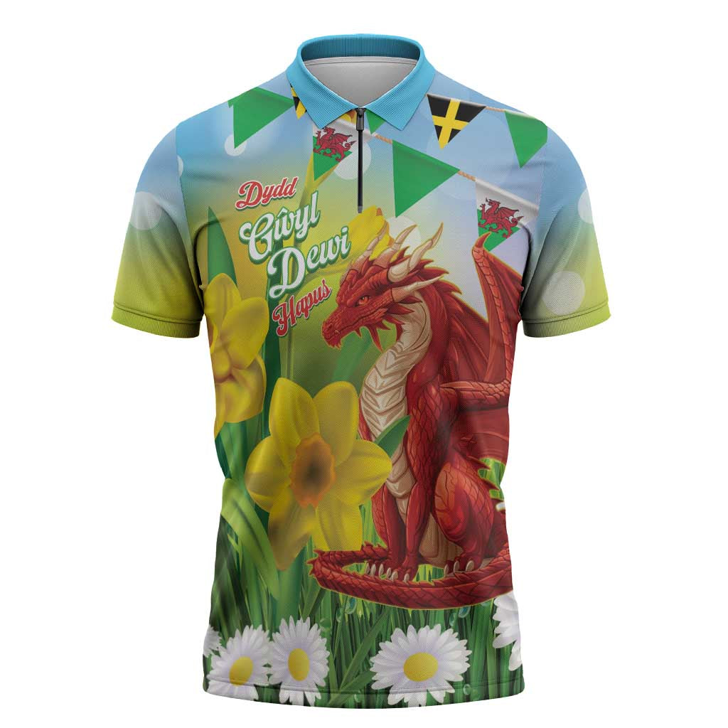 Wales Saint David's Day Zipper Polo Shirt Dydd Gwyl Dewi Hapus Dragon Daffodil - Wonder Print Shop