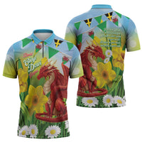 Wales Saint David's Day Zipper Polo Shirt Dydd Gwyl Dewi Hapus Dragon Daffodil - Wonder Print Shop